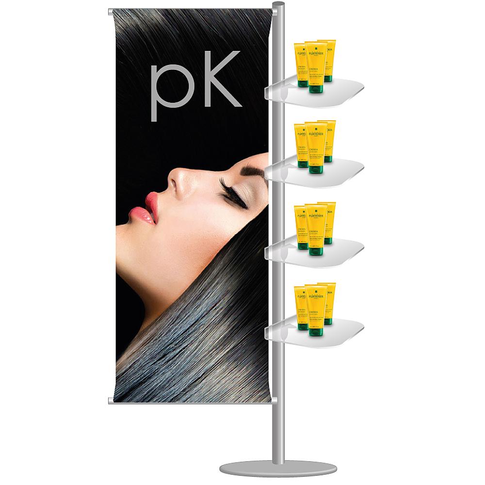 espositore porta banner bandiera bifacciale e 4 ripiani sagomati in plexy trasparente