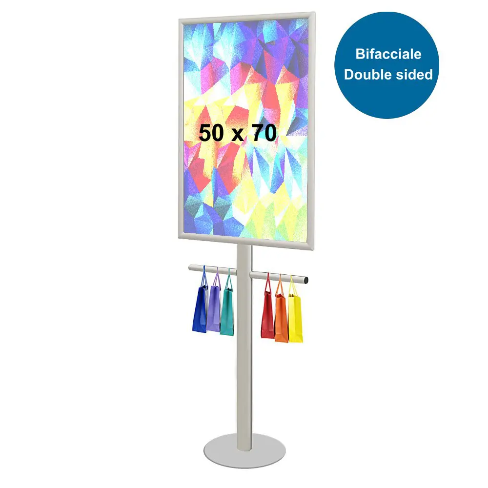 cornice scatto 50x70 autoportante bifacciale con bracci appendi borse
