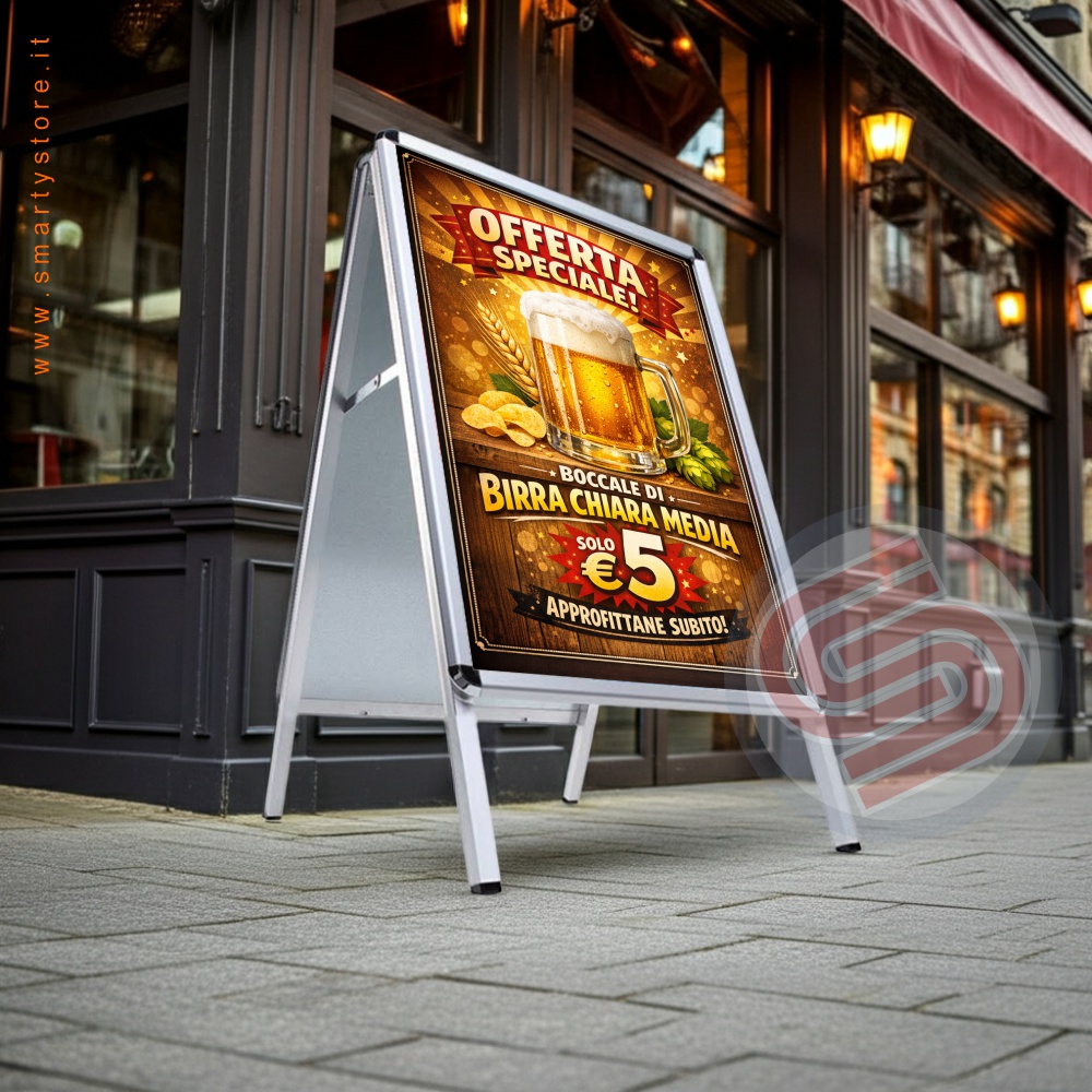Cavalletto pubblicitario Bifacciale con cornici a scatto 70×100 e fondo in METALLO