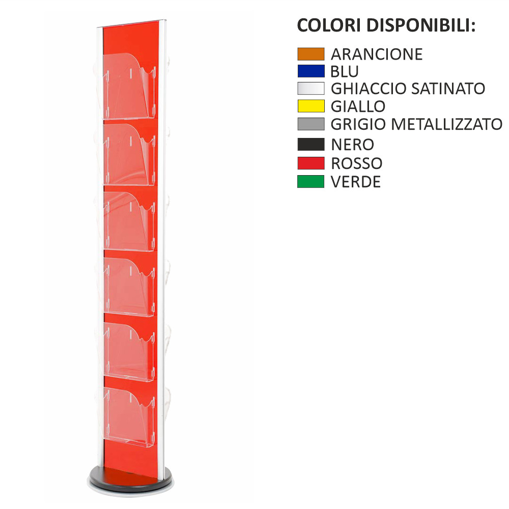 Espositore portadepliant girevole da terra con 12 tasche A4 con divisorio removibile disponibile in otto colori