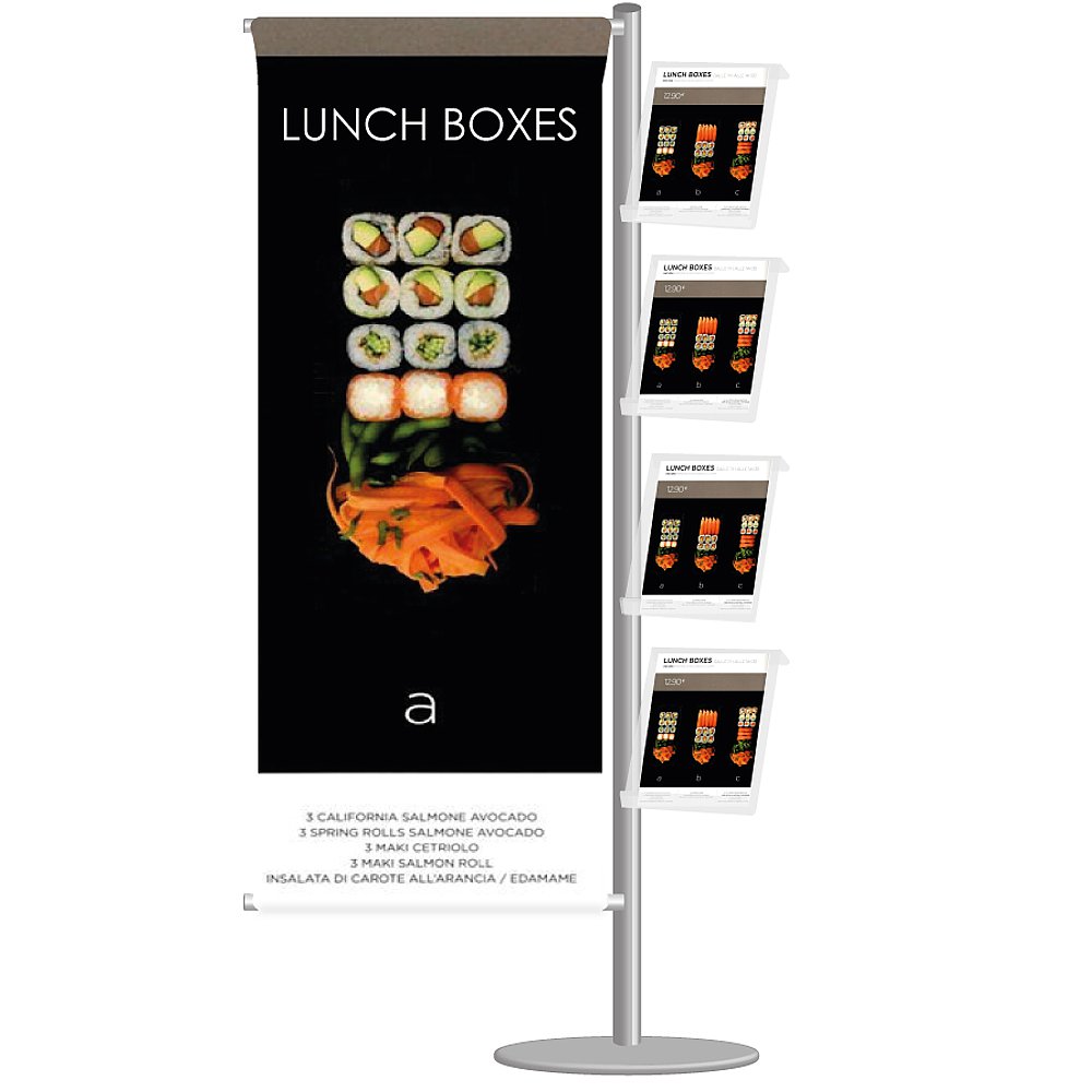 espositore porta banner bandiera bifacciale e 4 ripiani in plexy trasparente a4 verticale