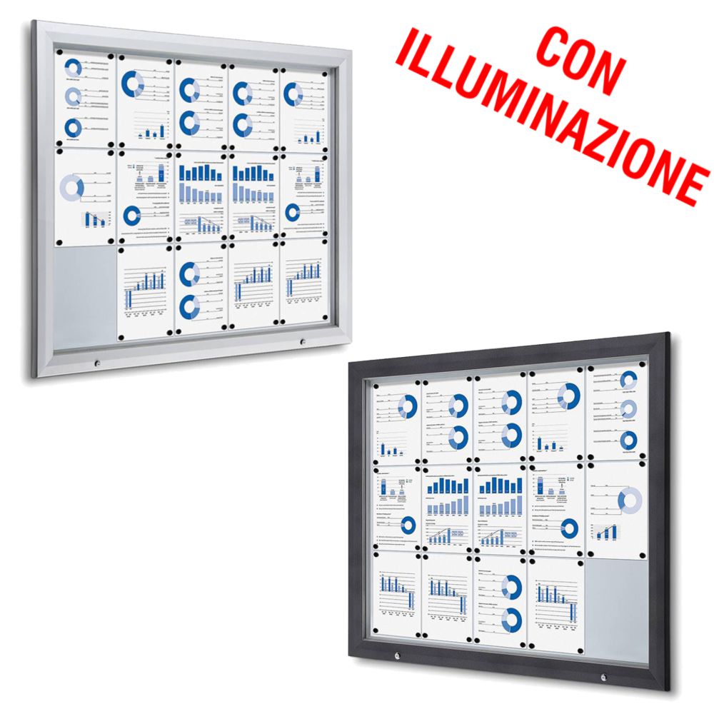 Bacheca da esterno led 15xa4 con certificazione IP56 e apertura a ribalta disponibile in grigio gotico e silver