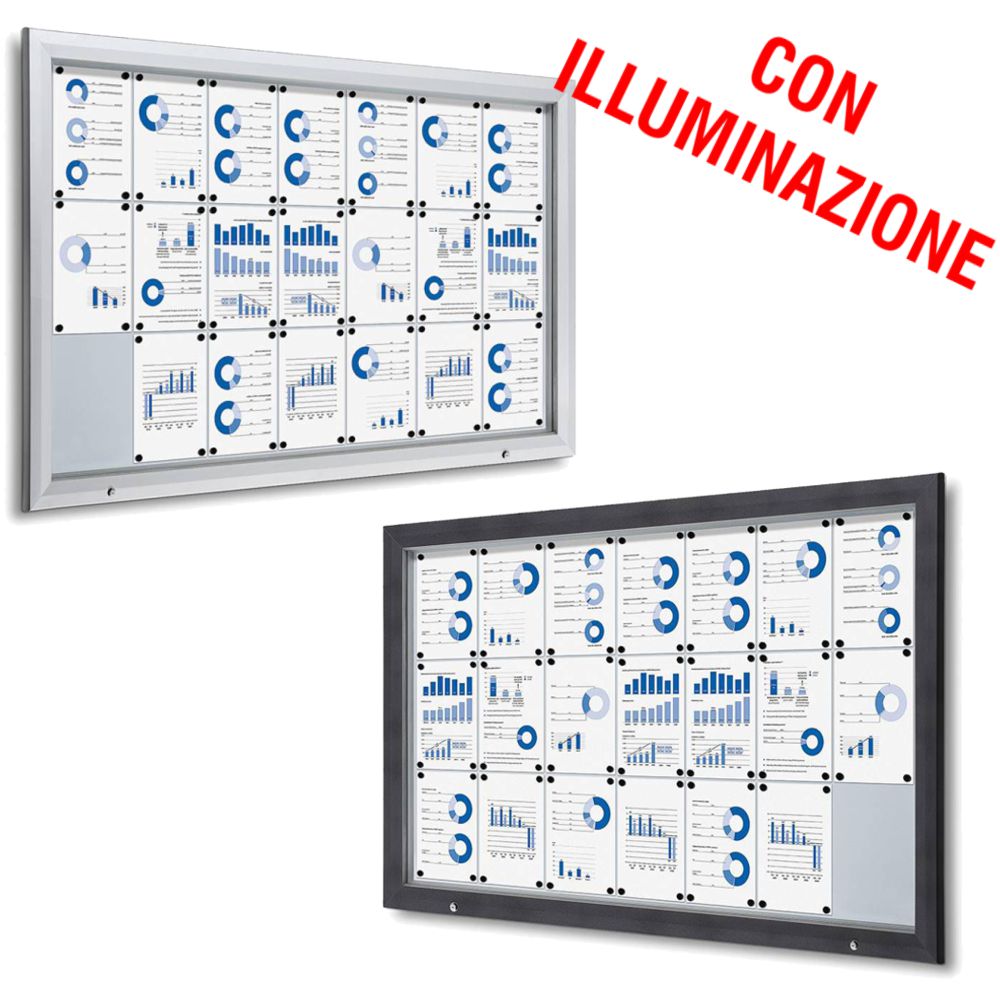 Bacheca da esterno led 21xa4 con certificazione IP56 e apertura a ribalta disponibile in grigio gotico e silver