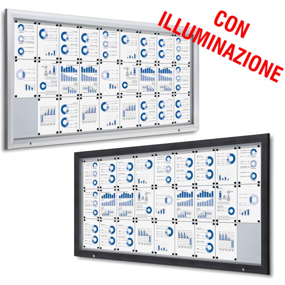 Bacheca da esterno led 27xa4 con certificazione IP56 e apertura a ribalta disponibile in grigio gotico e silver