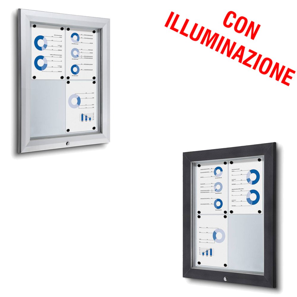 Bacheca da esterno led 4xa4 con certificazione IP56 e apertura a ribalta disponibile in grigio gotico e silver