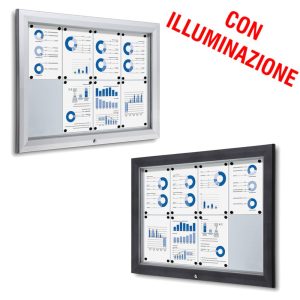 Bacheca da esterno led 8xa4 con certificazione IP56 e apertura a ribalta disponibile in grigio gotico e silver