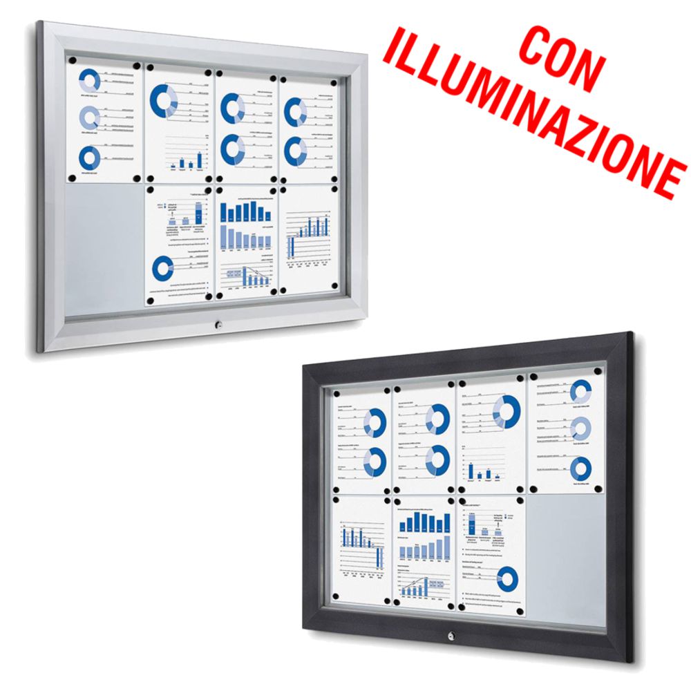 Bacheca da esterno led 8xa4 con certificazione IP56 e apertura a ribalta disponibile in grigio gotico e silver