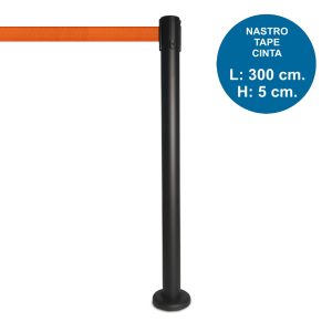 Colonnina segnapercorso tendi nastro nera DA ESTERNO con nastro arancione da 3 metri e base tassellabile – Image 1