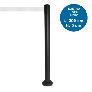Colonnina segnapercorso tendi nastro nera DA ESTERNO con nastro bianco da 3 metri e base tassellabile - Image 1