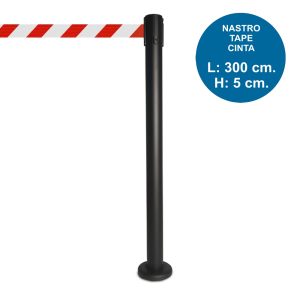 Colonnina segnapercorso tendi nastro nera DA ESTERNO con nastro bianco-rosso da 3 metri e base tassellabile – Image 1