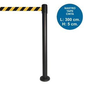 Colonnina segnapercorso tendi nastro nera DA ESTERNO con nastro giallo-nero da 3 metri e base tassellabile – Image 1