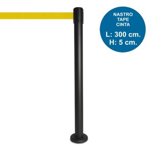 Colonnina segnapercorso tendi nastro nera DA ESTERNO con nastro giallo da 3 metri e base tassellabile – Image 1