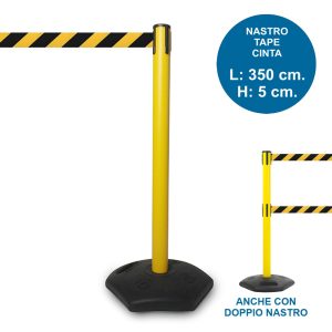 Colonnina segnapercorso tendi nastro gialla DA ESTERNO con nastro nero giallo da 3,5 metri e base zavorrata