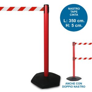 Colonnina segnapercorso tendi nastro rossa DA ESTERNO con nastro rosso bianco da 3,5 metri e base zavorrata