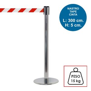 Colonnina segnapercorso TENDILINEA SILVER lucida di 15 kg con nastro rosso/bianco di 3 metri - immagine 1