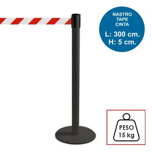 Colonnina segnapercorso TENDILINEA NERO di 15 kg con nastro rosso/bianco di 3 metri – Image 1