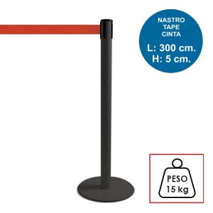 Colonnina segnapercorso TENDILINEA NERO di 15 kg con nastro rosso di 3 metri - immagine 1