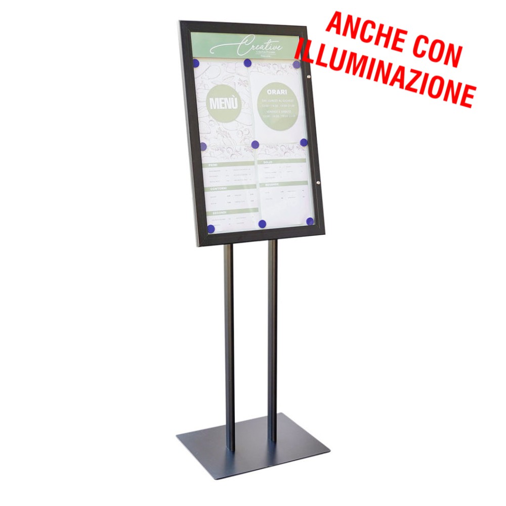 Bacheca nera porta menu esterno autoportante 4xA4 e pannello personalizzabile disponibile anche con illuminazione LED