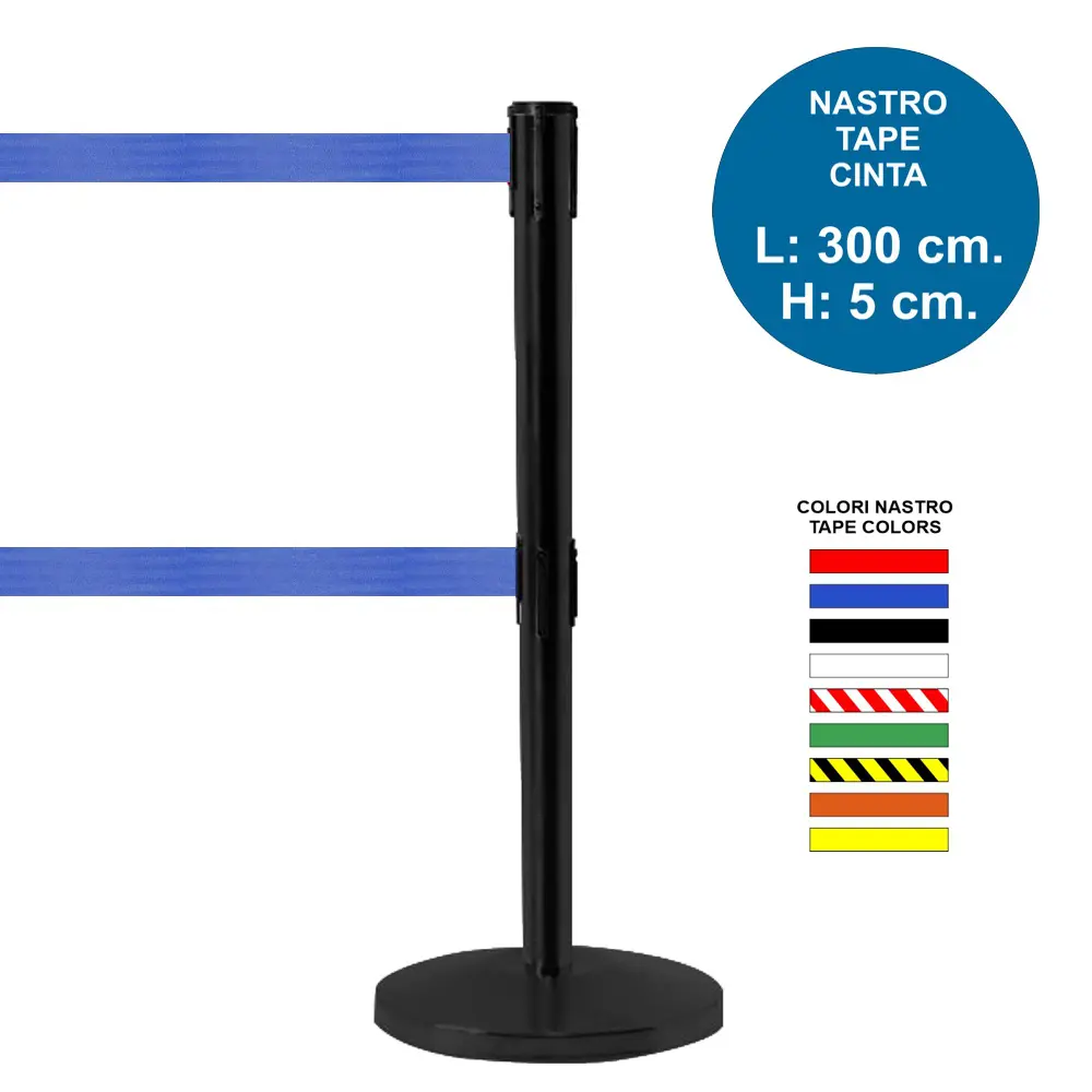 Colonnina segna percorso in acciaio nero con doppio nastro blu 3 metri