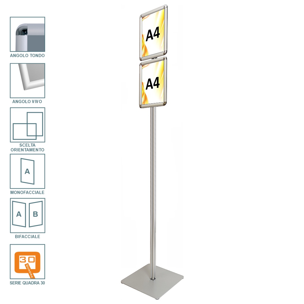 Cornice a scatto autoportante 2xA4 monofacciale bifacciale verticale orizzontale angolo vivo tondo profilo 30 3