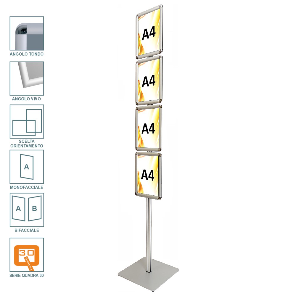 Cornice a scatto autoportante 4xA4 monofacciale bifacciale verticale orizzontale angolo vivo tondo profilo 30 6