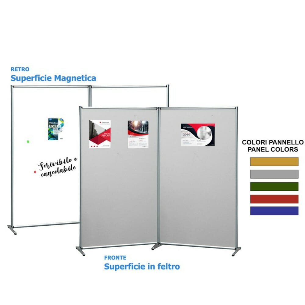 Parete divisoria doppia superficie magnetica bianca e panno in feltro colorato 1