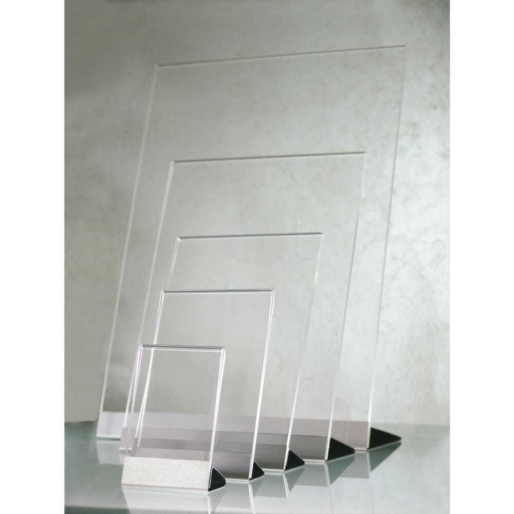 Portavvisi da banco con base in acciaio spazzolato silver cinque formati disponibili