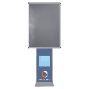 Cornice a scatto autoportante 70x100 monofacciale bifacciale verticale angolo tondo con pannello personalizzato e portadepliant a4