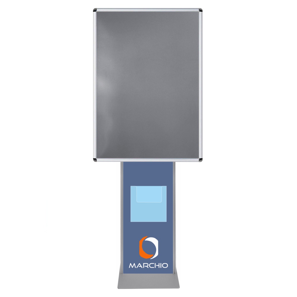 Cornice a scatto autoportante 70x100 monofacciale bifacciale verticale angolo tondo con pannello personalizzato e portadepliant a4