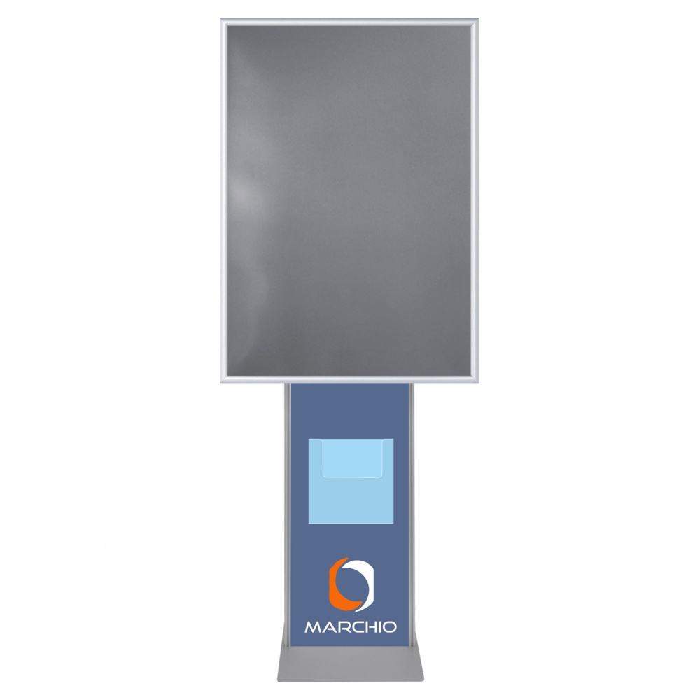 Cornice a scatto autoportante 70x100 monofacciale bifacciale verticale angolo vivo con pannello personalizzato e portadepliant a4