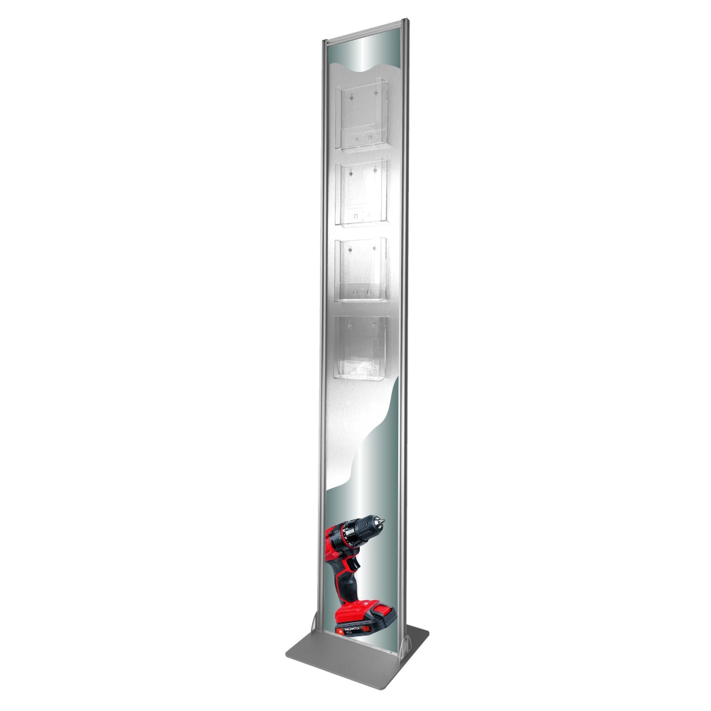 Espositore pubblicitario da terra con 4 tasche portadepliant A5 dibond cromix personalizzato