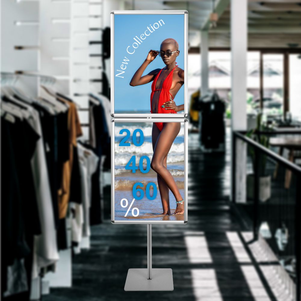 Cornice a scatto autoportante doppia 50x70 monofacciale bifacciale verticale angolo vivo tondo con un montante ambientata