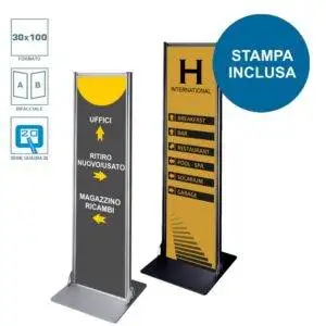 Mini totem flat 30x100 completo di stampa bifacciale a colori disponibile con struttura nera e silver