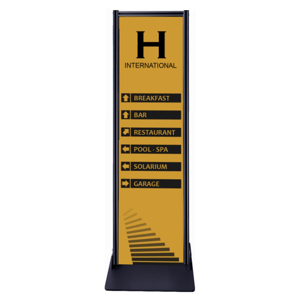 Mini totem flat 30x100 nero completo di stampa bifacciale a colori vista frontale