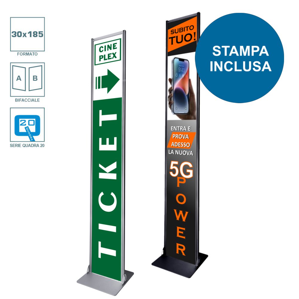 Mini totem flat 30x185 completo di stampa bifacciale a colori disponibile con struttura nera e silver