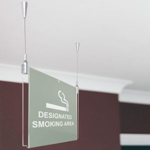 Targa sospesa con tasca in plexi trasparente per grafica intercambiabile distanziali clip di chiusura