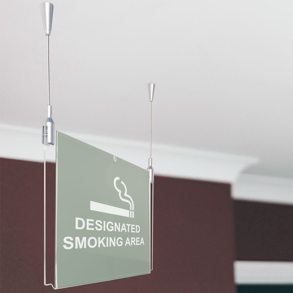 Targa sospesa con tasca in plexi trasparente per grafica intercambiabile distanziali clip di chiusura