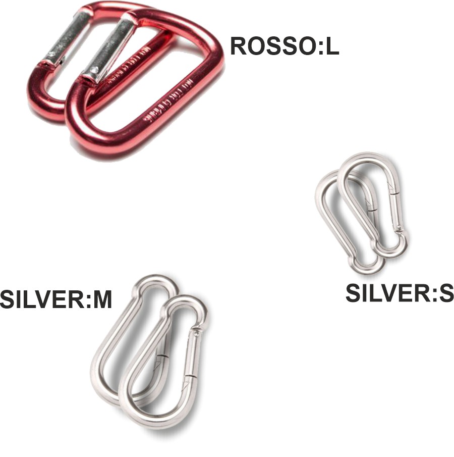 Coppia di moschettoni disponibile in due colori e tre dimensioni