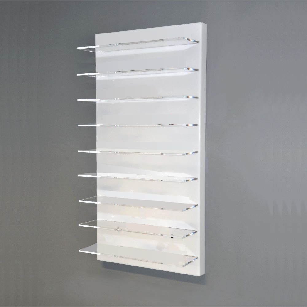 Présentoir mural avec 9 étagères transparentes
