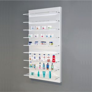 Espositore da parete con 9 ripiani trasparenti esposizione creme profumeria