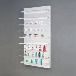 Espositore da parete con 9 ripiani trasparenti esposizione creme profumeria
