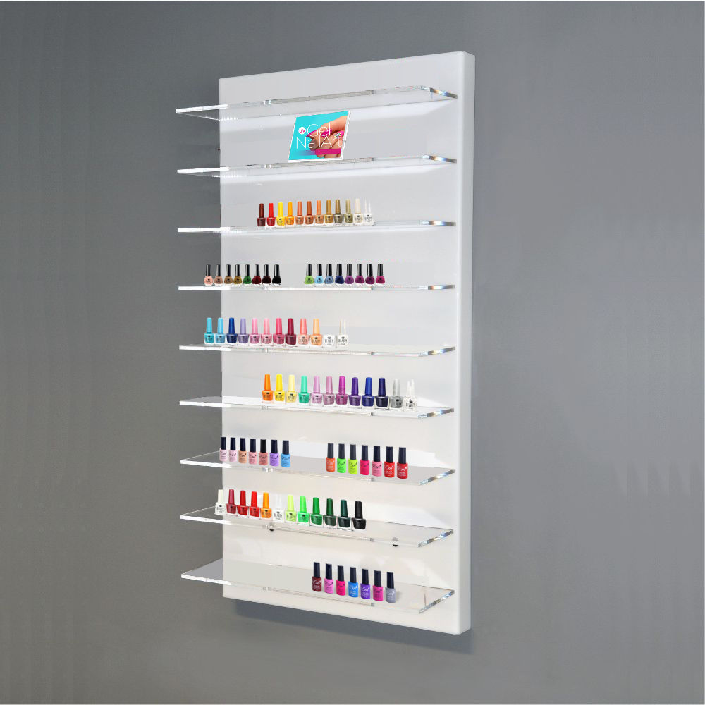 Espositore da parete con 9 ripiani trasparenti esposizione smalto centro estetico