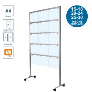 Espositore porta messaggi con 15 18 20 24 25 30 tasche A4 orizzontale disponibile con piedini fissi o ruote frenanti
