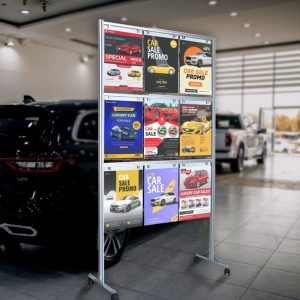 Espositore porta messaggi con 9 12 15 tasche A3 verticale disponibile con piedini fissi o ruote frenanti ambientato