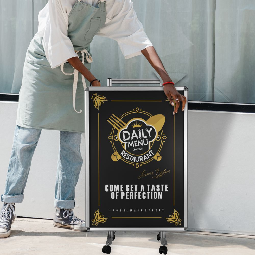 Chevalet publicitaire 70x100 PRO trolley avec roues freinantes - set