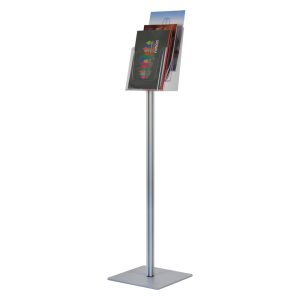 Floor-standing brochure holder 3 pockets A4 square series side view with catalogues