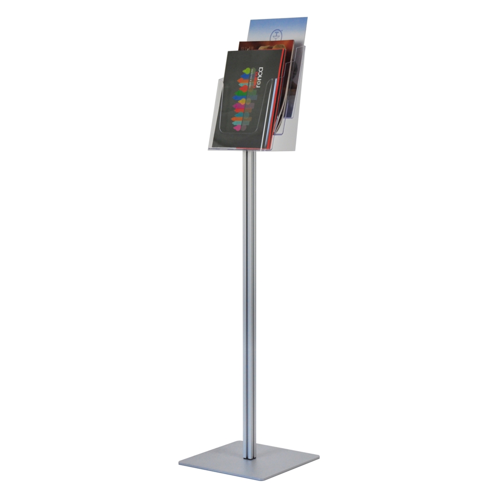 Floor-standing brochure holder 3 pockets A4 square series side view with catalogues