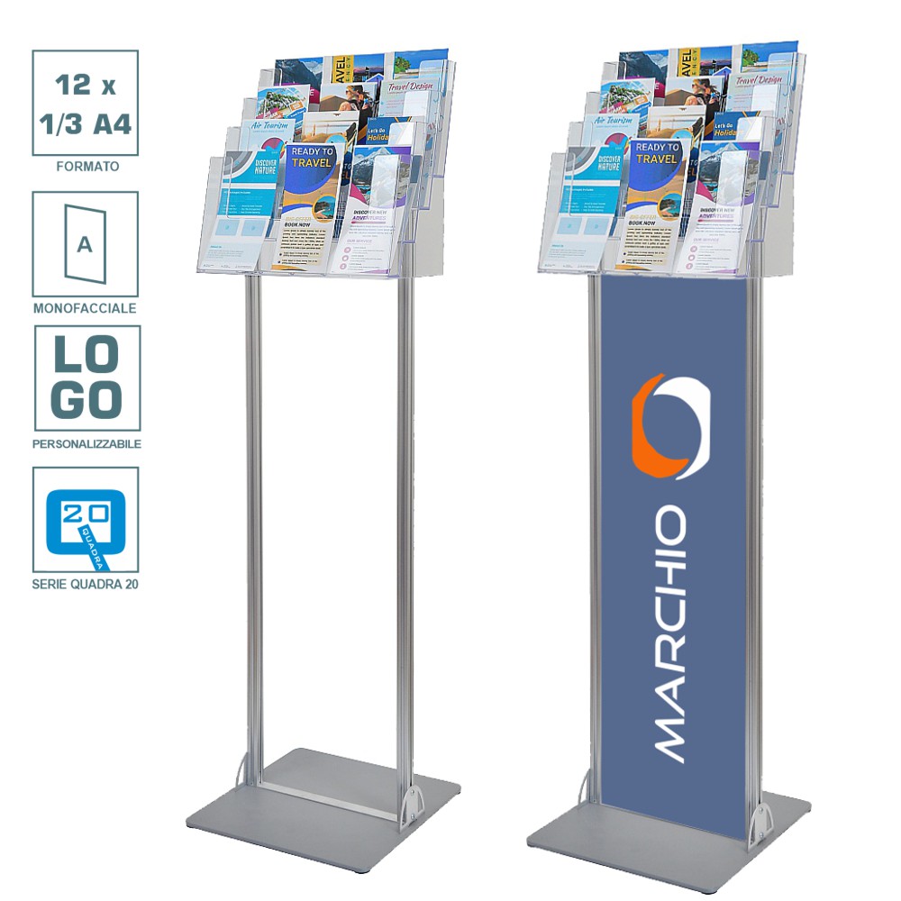 Porte-brochures sur pied avec 12 pochettes 1/3 A4 Quadra Serie