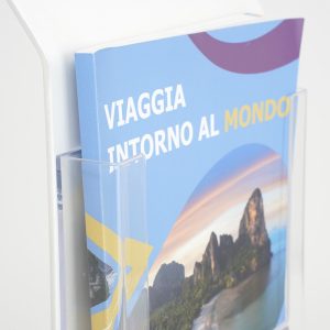 Leggio da pavimento in metallo bianco con una cornice a scatto e tasca porta depliant formato A4 con base a L dettaglio