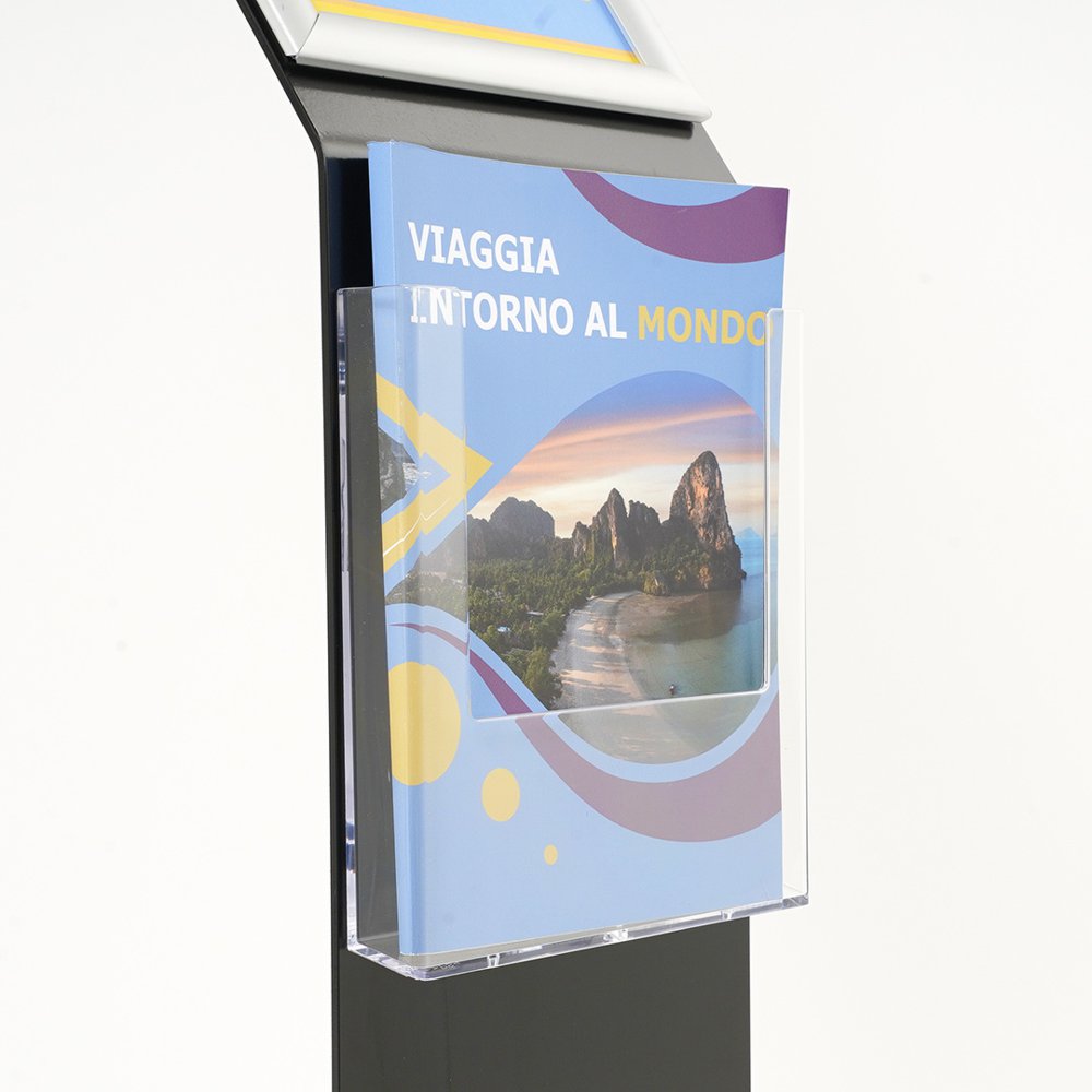 Leggio da pavimento in metallo nero con una cornice a scatto e tasca porta depliant formato A4 con base a L 3